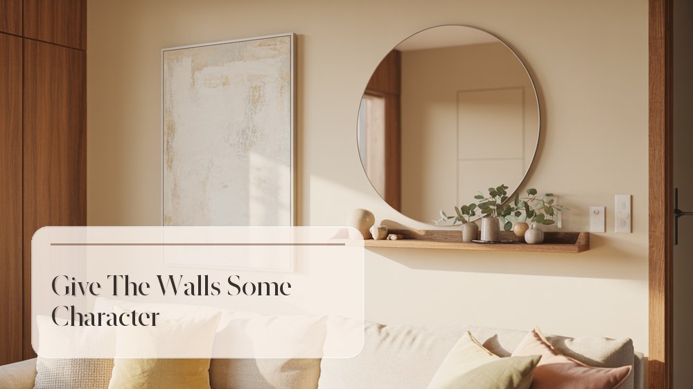 Living room wall with curated art, mirror, and simple wooden shelf