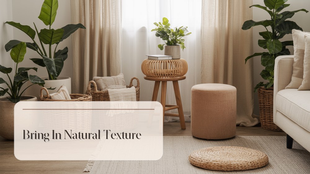 Living room corner with houseplants, woven basket, ceramic pot, and natural textures
