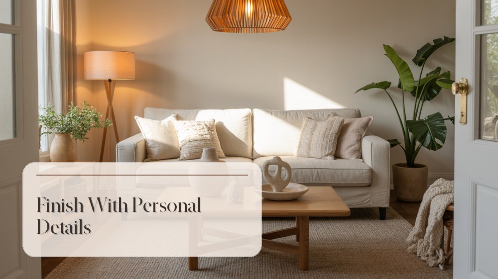 Finished layered living room with sofa, lamp, rug, cushions, plants, and personal decor