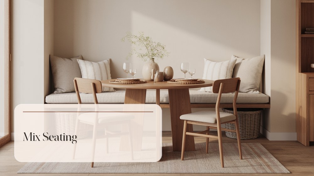 Dining nook seating with cushioned bench, two chairs, and practical storage baskets