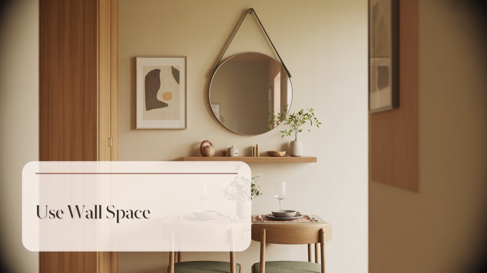 Dining nook wall with simple art, mirror, narrow shelf, and calm decor
