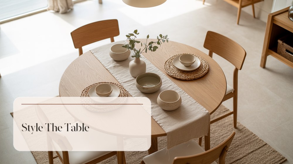 Small dining table styled with linen runner, ceramic bowl, greenery, and simple place settings